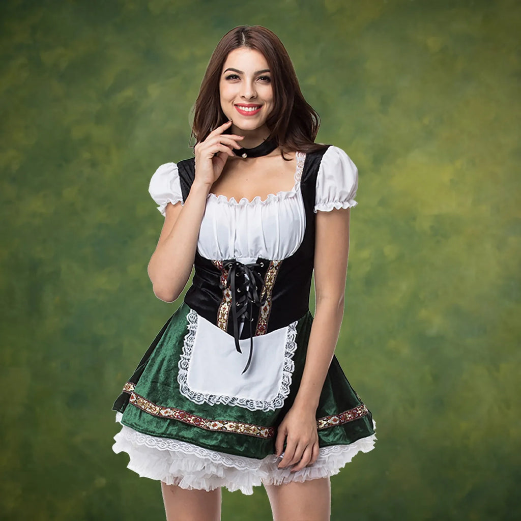 Festive Bavarian-Inspired Corset Dress with Ruffled Trim and Lace-Up Bodice