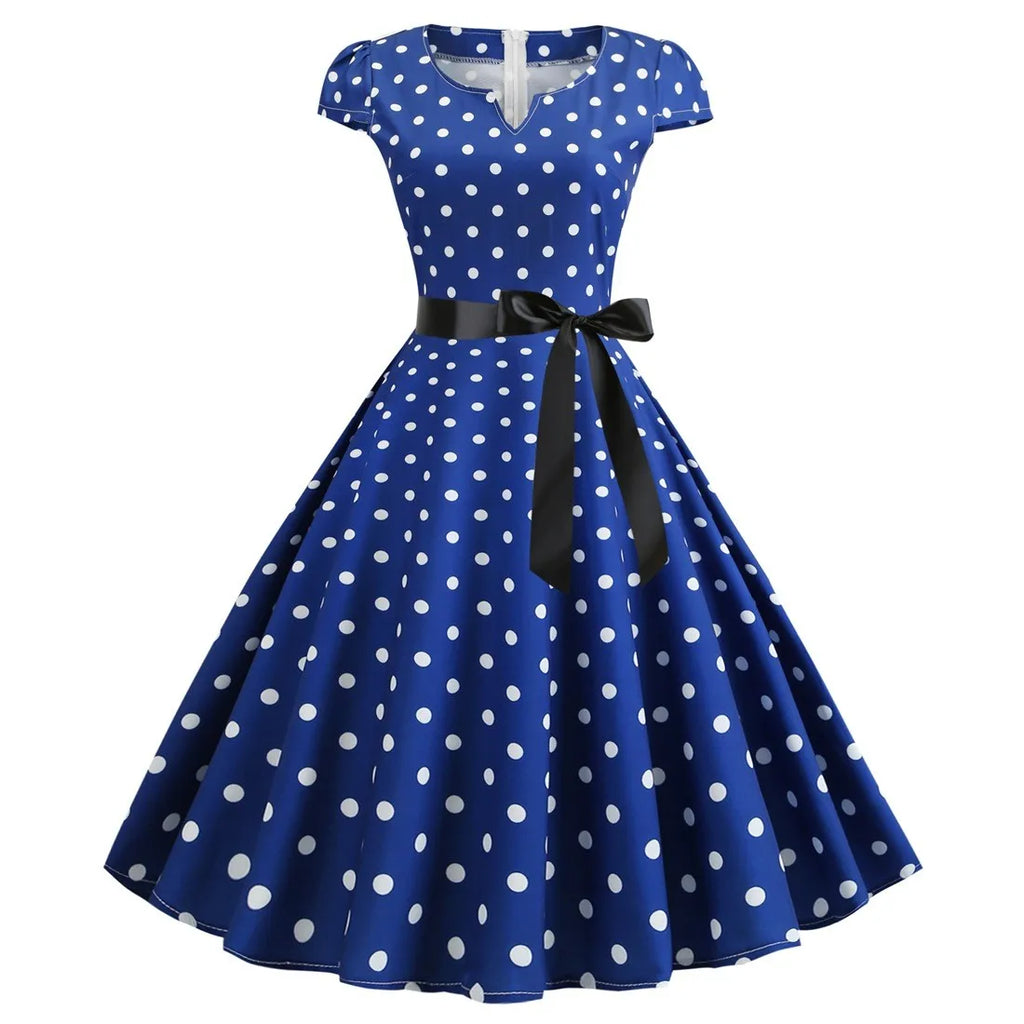 Retro Red and White Polka Dot Swing Dress with Black Waist Tie