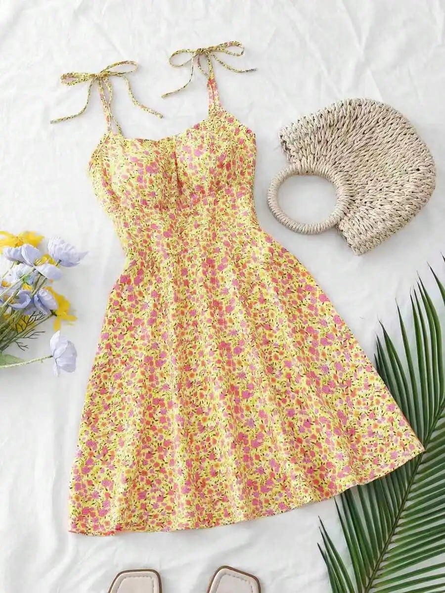 Floral Print Tie Strap A-Line Mini Dress with Lightweight Summer Silhouette