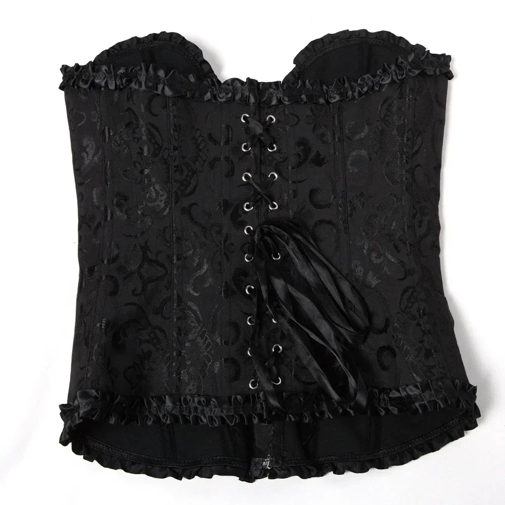 Floral Lace Overbust Corset with Structured Boning and Decorative Bow Detail