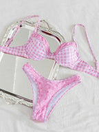 Earthy Brown Gingham Balconette Bikini Set with Scalloped Edge Detailing