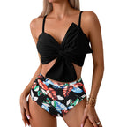 Vibrant Orange Bowknot Bikini Top with High-Waisted Tropical Print Bottom