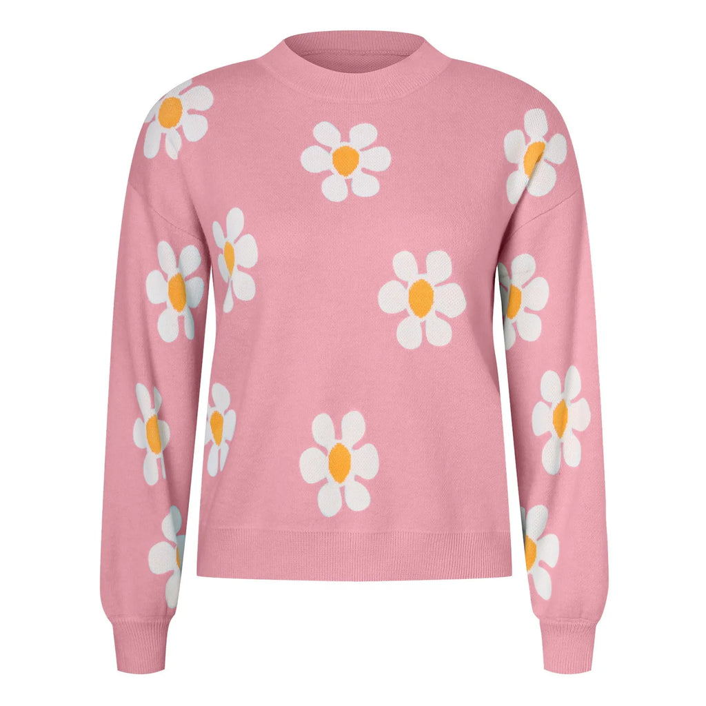 Floral Pattern Knit Pullover Sweater with Ribbed Trim and Relaxed Fit