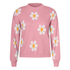 Floral Pattern Knit Pullover Sweater with Ribbed Trim and Relaxed Fit