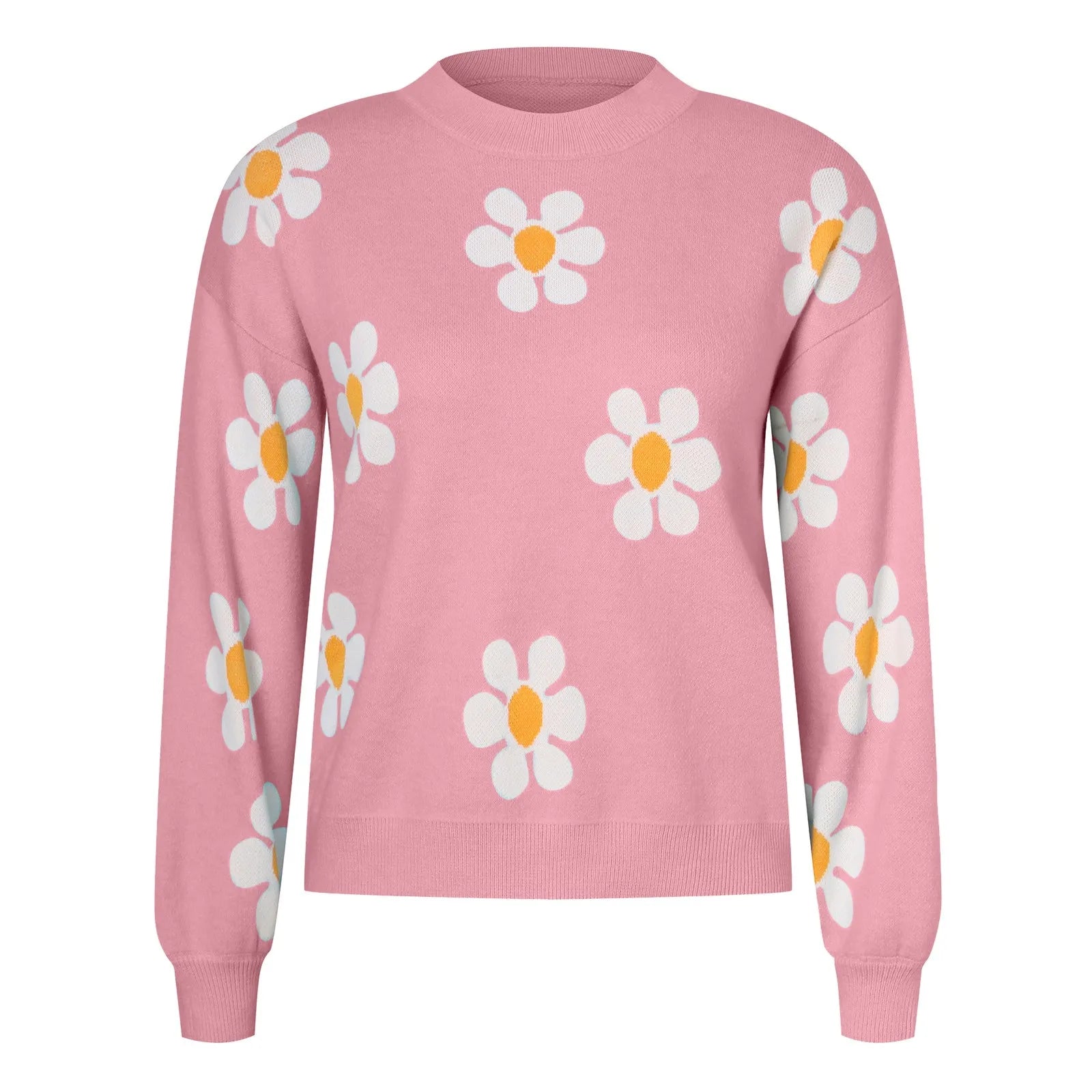 Floral Pattern Knit Pullover Sweater with Ribbed Trim and Relaxed Fit
