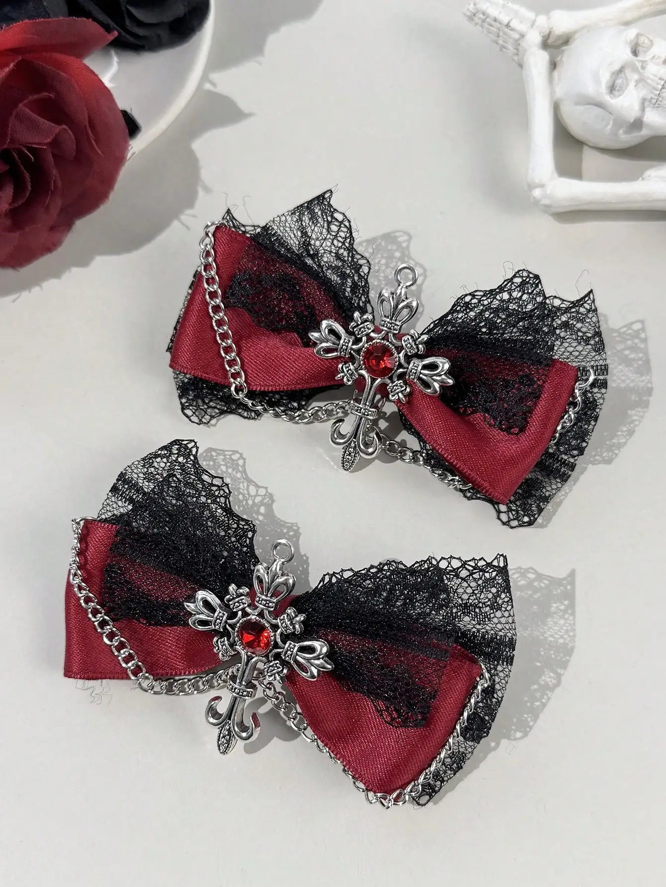 Gothic Lace Bow Hair Clips With Cross Chain Statement Accents