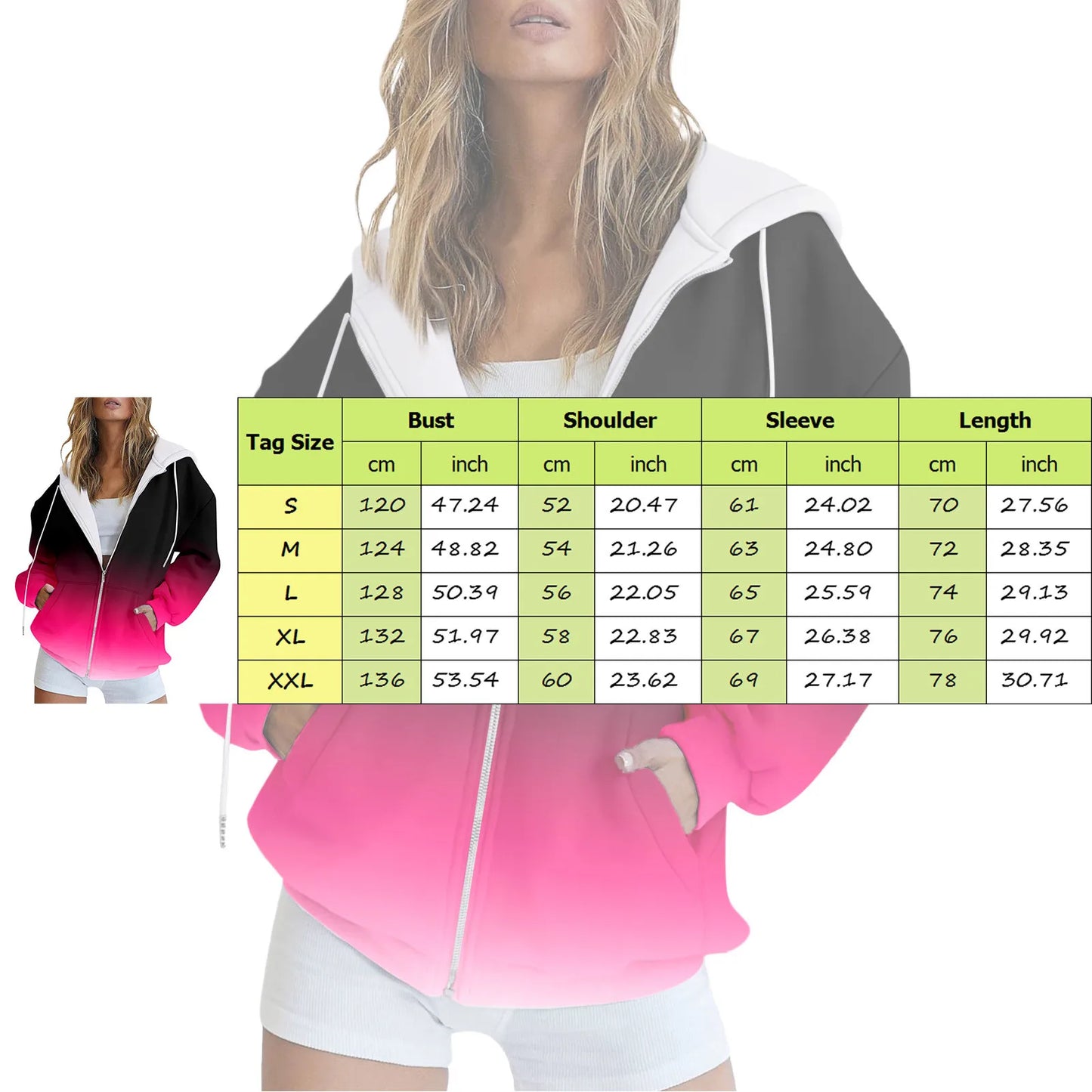 Women's Gradient Zip-Up Hooded Sweatshirt Jacket with Relaxed Fit Casual Streetwear Outerwear