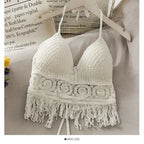 Women's Crochet Halter Neck Backless Crop Top with Tassel Detail for Summer Streetwear Style