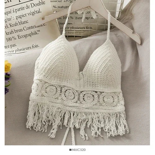Women's Crochet Halter Neck Backless Crop Top with Tassel Detail for Summer Streetwear Style