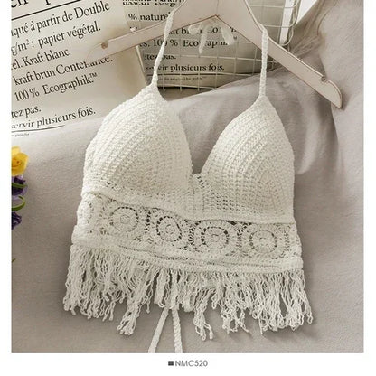 Women's Crochet Halter Neck Backless Crop Top with Tassel Detail for Summer Streetwear Style