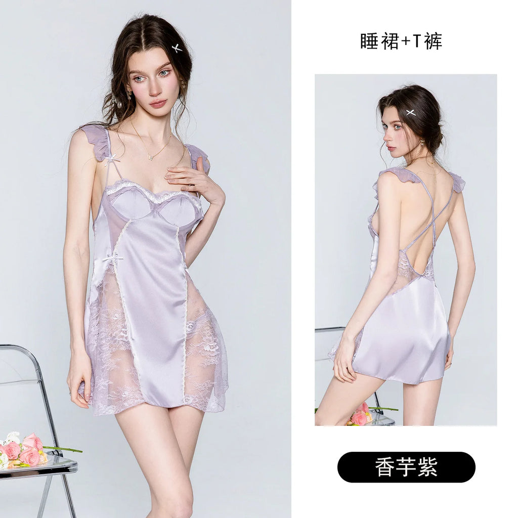 Ethereal Ivory Two-Piece Sleepwear Set with Lace-Paneled Chemise and Sheer Long-Sleeve Robe