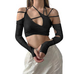 Strappy Cutout Halter Crop Top with Long Sleeves Contemporary Streetwear Style