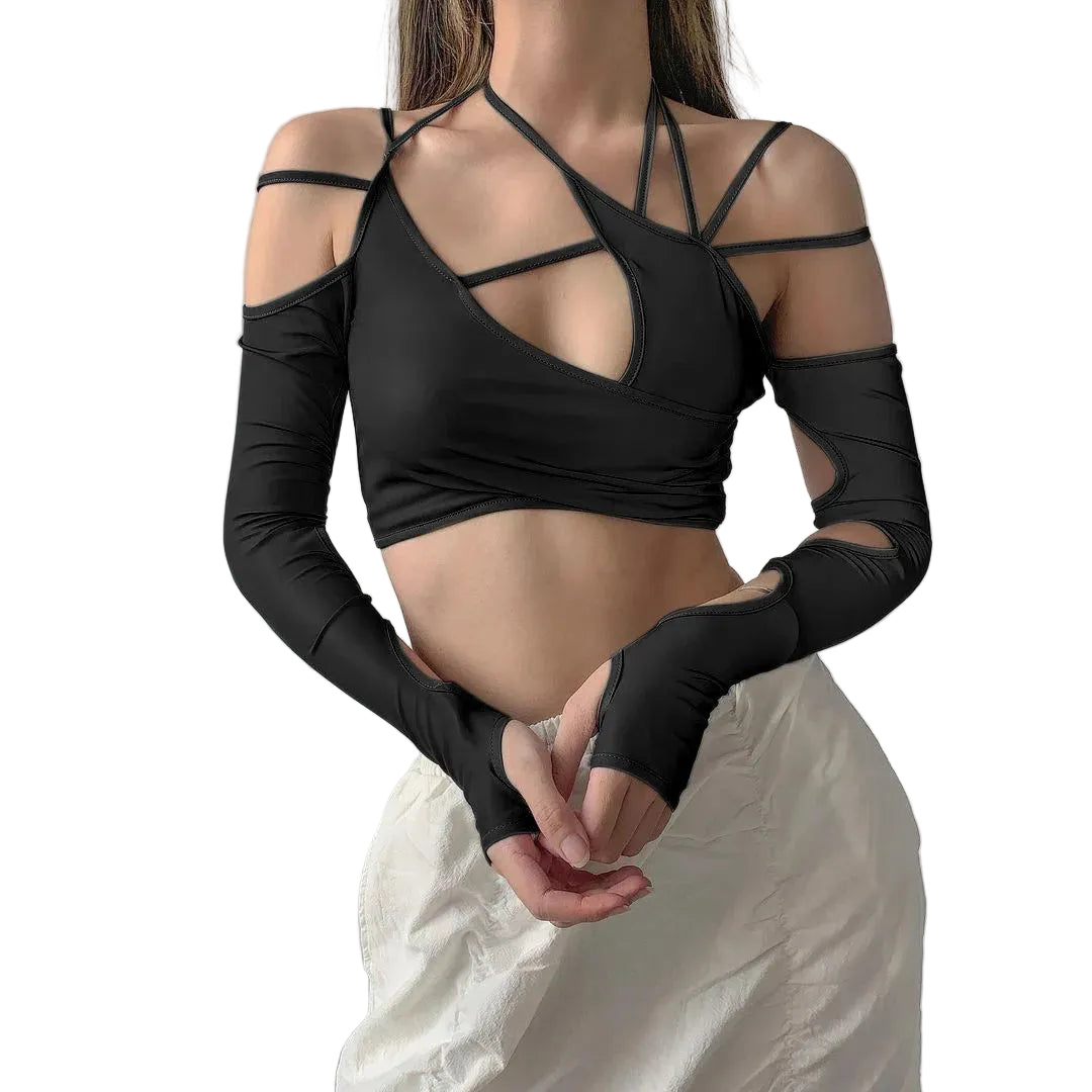 Strappy Cutout Halter Crop Top with Long Sleeves Contemporary Streetwear Style