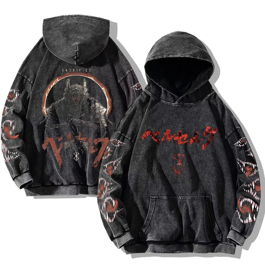 Anime-Inspired Distressed Gothic Pullover Hoodie With Oversized Streetwear Fit