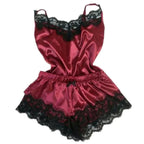 Satin Cami Pajama Set with Black Lace Trim, Delicate Spaghetti Straps and Coordinating Shorts