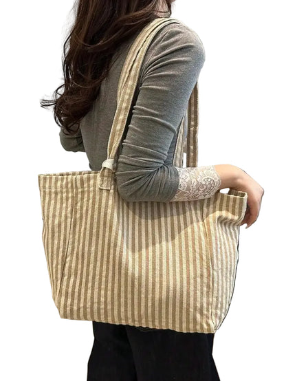 Striped Canvas Tote Bag with Large Capacity Casual Everyday Shoulder Design