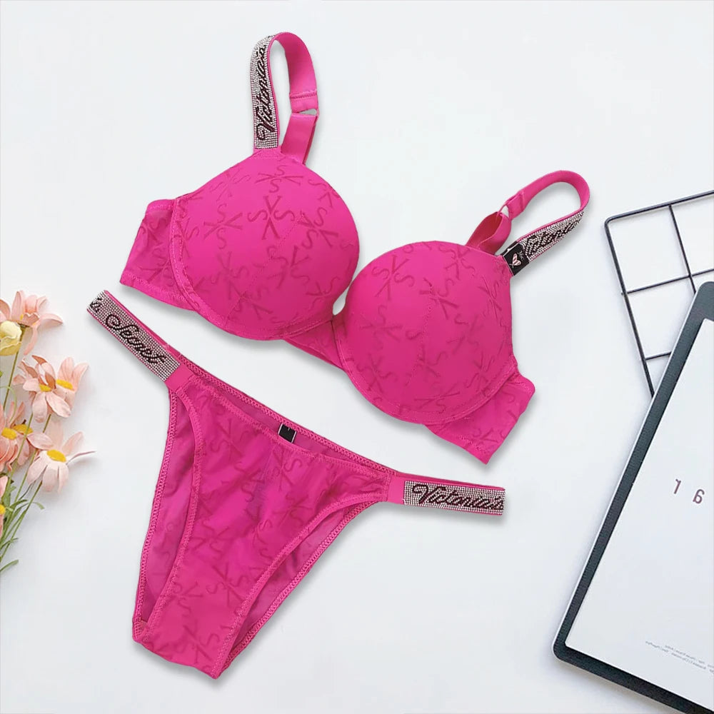 Vivid Contour Underwire Bra and Thong Set with Crystal-Embellished Straps