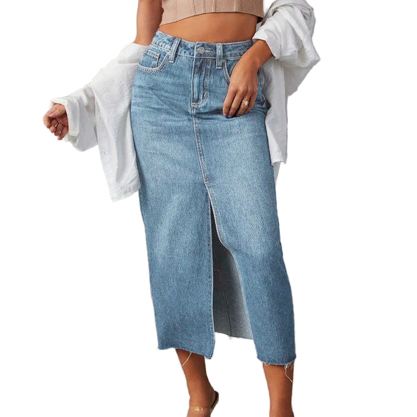 High Waist Denim Midi Skirt with Front Slit Casual Contemporary Everyday Fashion