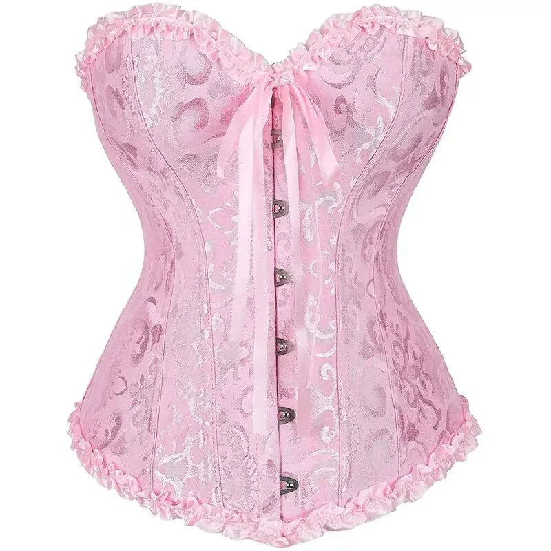 Floral Jacquard Overbust Corset with Sweetheart Neckline and Busk Closure
