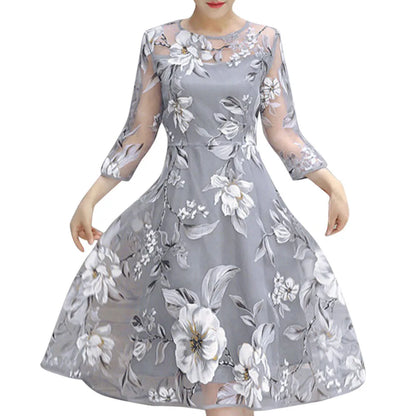 Elegant Floral Embroidered Mesh Overlay Alternative Occasion Midi Dress