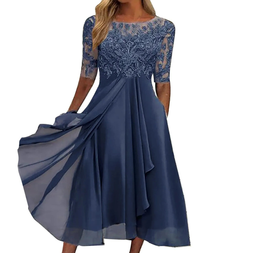Textured Tea Length Dress With Soft Volume And Refined Drape