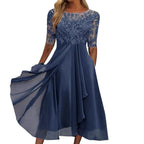 Textured Tea Length Dress With Soft Volume And Refined Drape