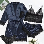 Romantic 4-Piece Satin-Finish Sleepwear Set with Bold Black Lace Trim
