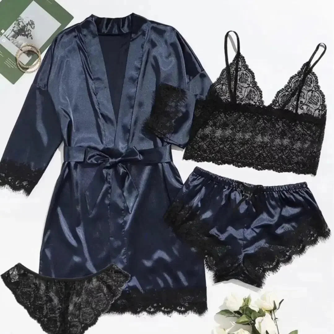 Romantic 4-Piece Satin-Finish Sleepwear Set with Bold Black Lace Trim