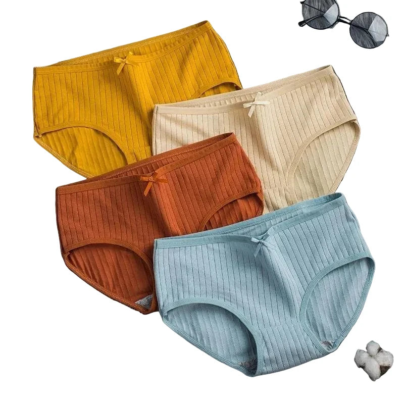 Seven-Piece Ribbed Cotton Blend Mid-Rise Brief Set with Bow Detail