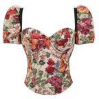 Romantic Floral Tapestry Overbust Corset with Sweetheart Neckline and Detachable Puff Sleeves