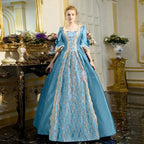 Dramatic Renaissance-Inspired Ball Gown with Ornate Brocade Panel and Flared Sleeves