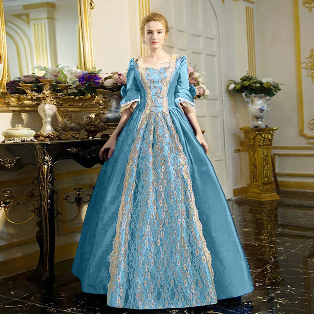 Dramatic Renaissance-Inspired Ball Gown with Ornate Brocade Panel and Flared Sleeves