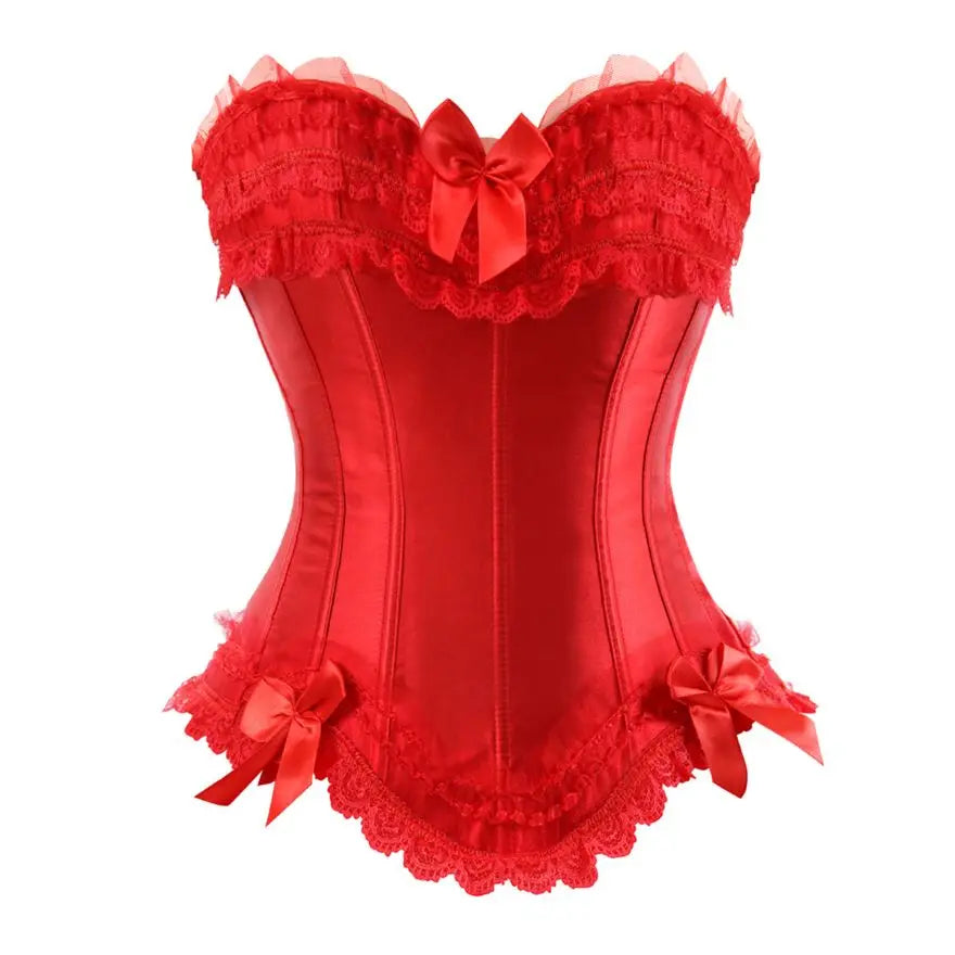 Playful Pink Satin Overbust Corset with Lace Trim and Delicate Bow Accents