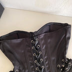 Black Strapless Mixed-Media Bustier Top with Front Hook Closure and Lace-Up Accents