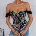 Embroidered Strapless Corset Top with Floral Artwork and Structured Fit