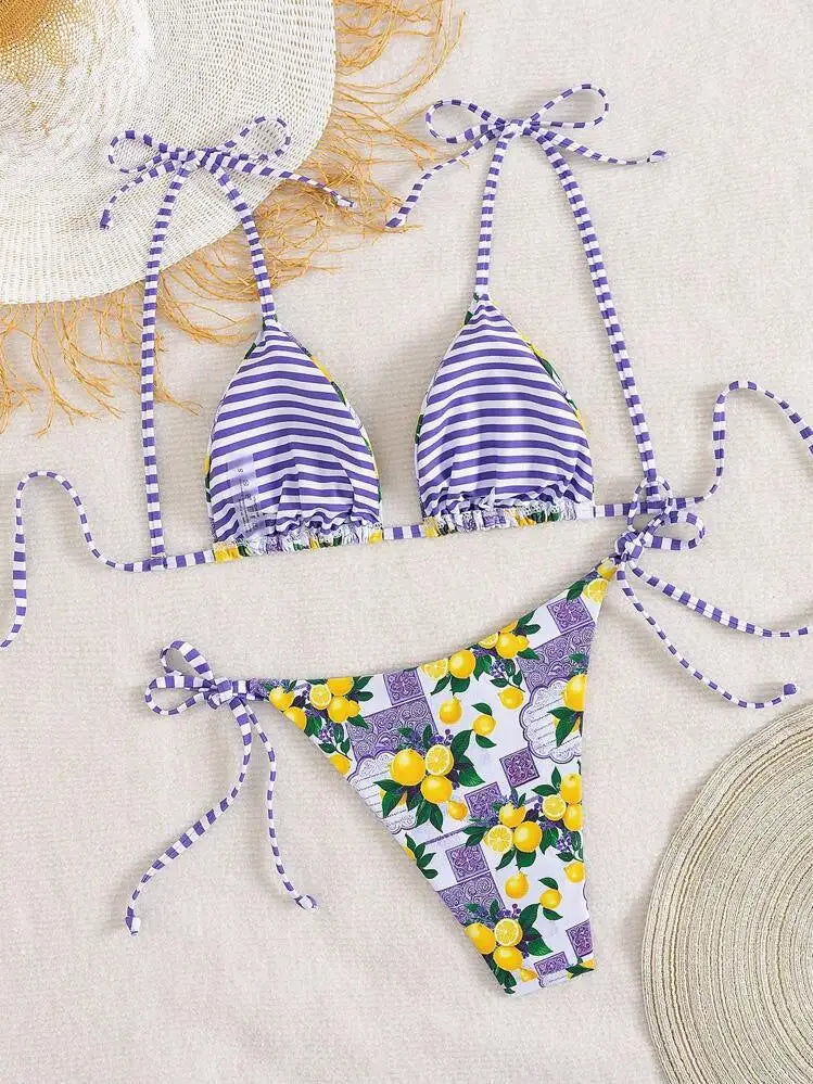 Playful Lemon and Stripe Mixed-Print Triangle Bikini Set