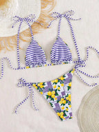 Playful Lemon and Stripe Mixed-Print Triangle Bikini Set