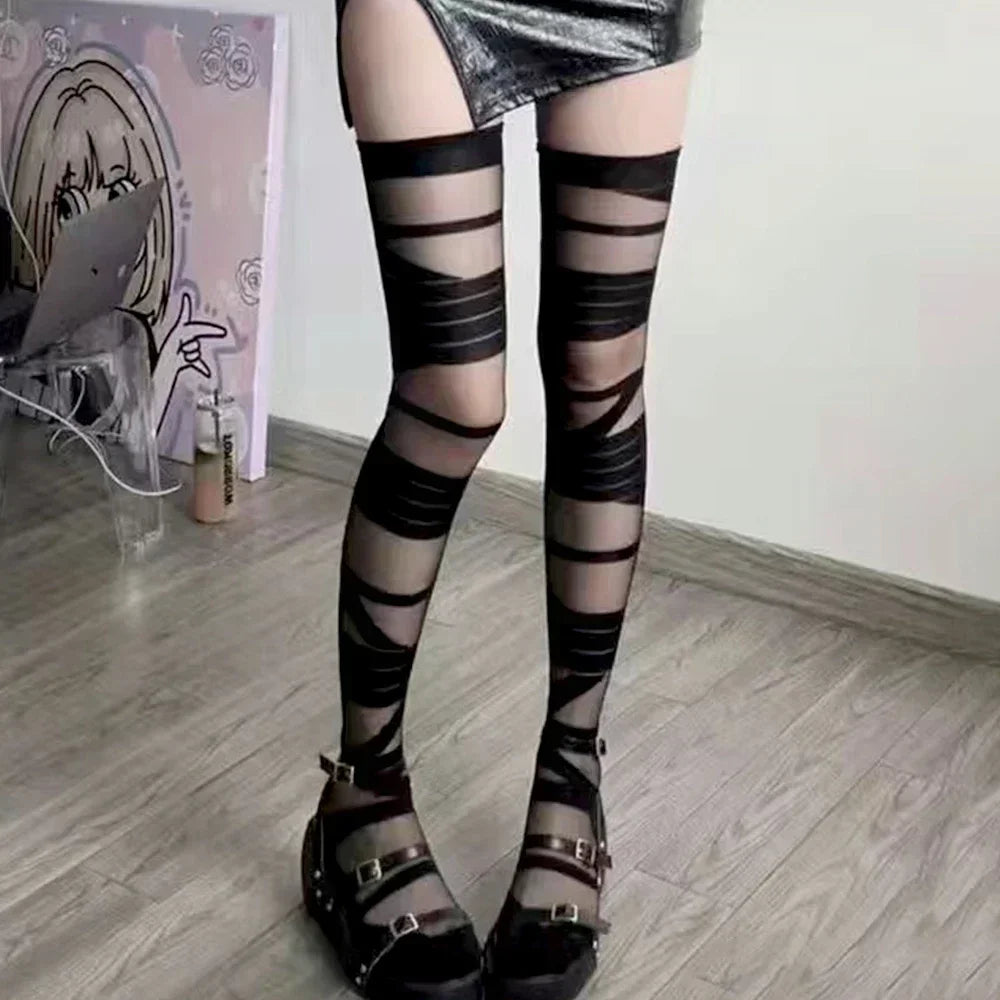 Distressed Over The Knee Fishnet Stockings Punk Y2K Alternative Hosiery