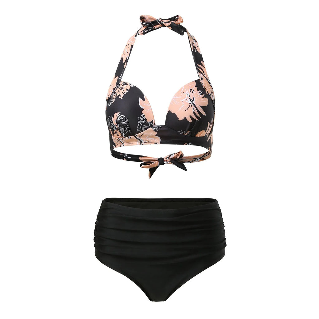 Floral Print Halter Tankini Bikini Set with High-Waisted Bottom, Ruched Front and Conservative Two-Piece Swimwear Silhouette