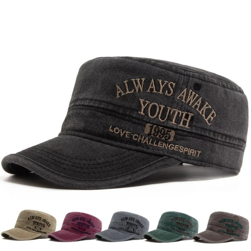Unisex Vintage Military Style Flat Top Cap with Embroidered Detail for Casual Everyday Wear