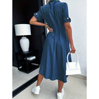 Button Front Denim Shirt Dress with Short Sleeves and Utility Pockets