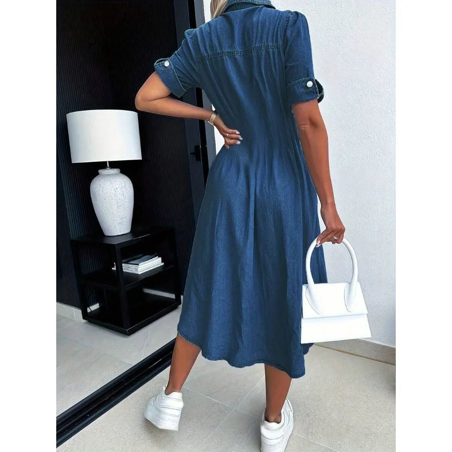 Button Front Denim Shirt Dress with Short Sleeves and Utility Pockets
