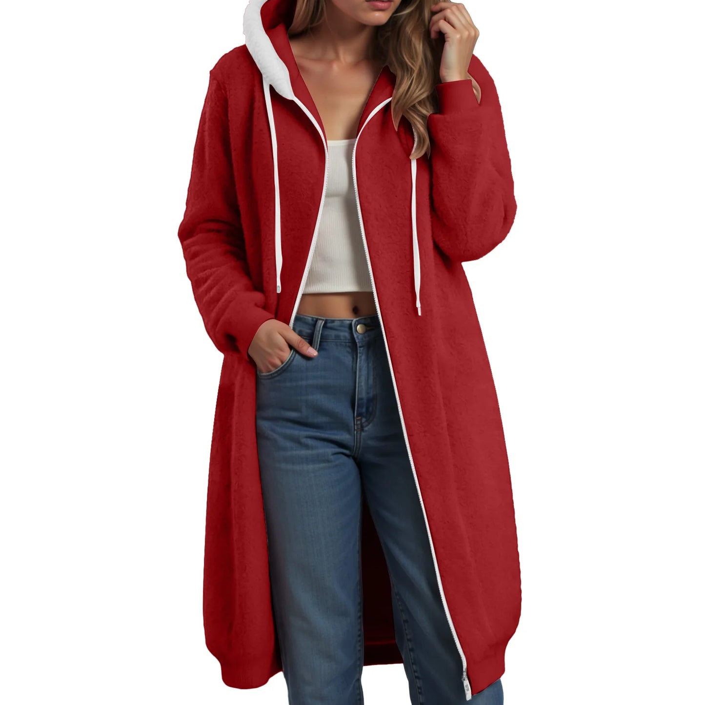 Longline Plush Fleece Hooded Jacket with Relaxed Streetwear Layering Fit