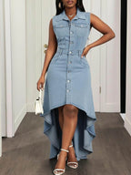 Sleeveless Chambray-Style High-Low Button-Front Dress with Statement Hemline