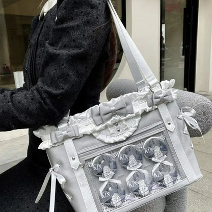 Display Window Tote Bag with Ribbon Accents Large Capacity Shoulder Carry Design
