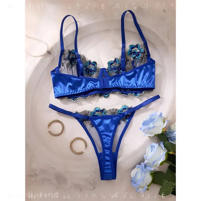 Royal Blue 3D Floral Embroidered Sheer Mesh Balconette Bra and Strappy Thong Set