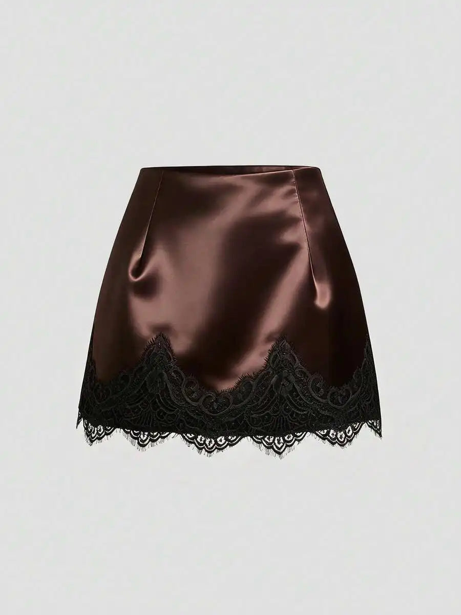 Satin Lace Trim Mini Skirt with Sleek Fitted Contemporary Silhouette