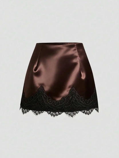 Satin Lace Trim Mini Skirt with Sleek Fitted Contemporary Silhouette