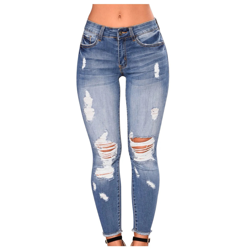 High Stretch Distressed Skinny Denim Jeans with Low Rise Slim Fit Streetwear Style