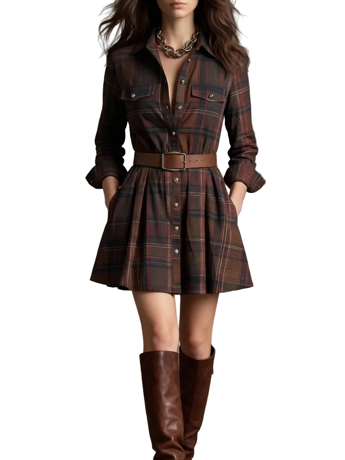 Classic Brown Plaid Long-Sleeve Shirt Dress with Pleated Mini Skirt